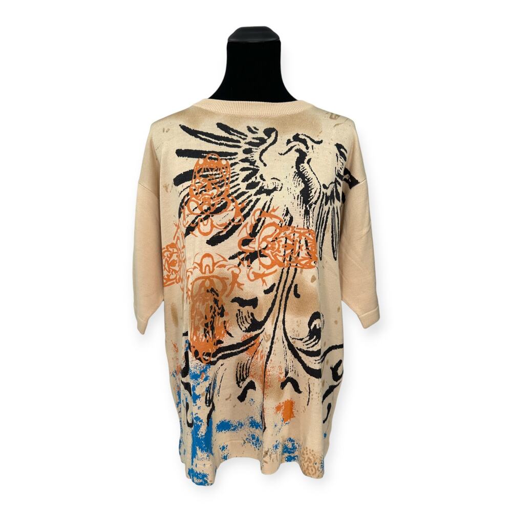 Genelli | NWT | XL | Silk Blend Abstract Phoenix Graphic Short Sleeve Knit Shirt